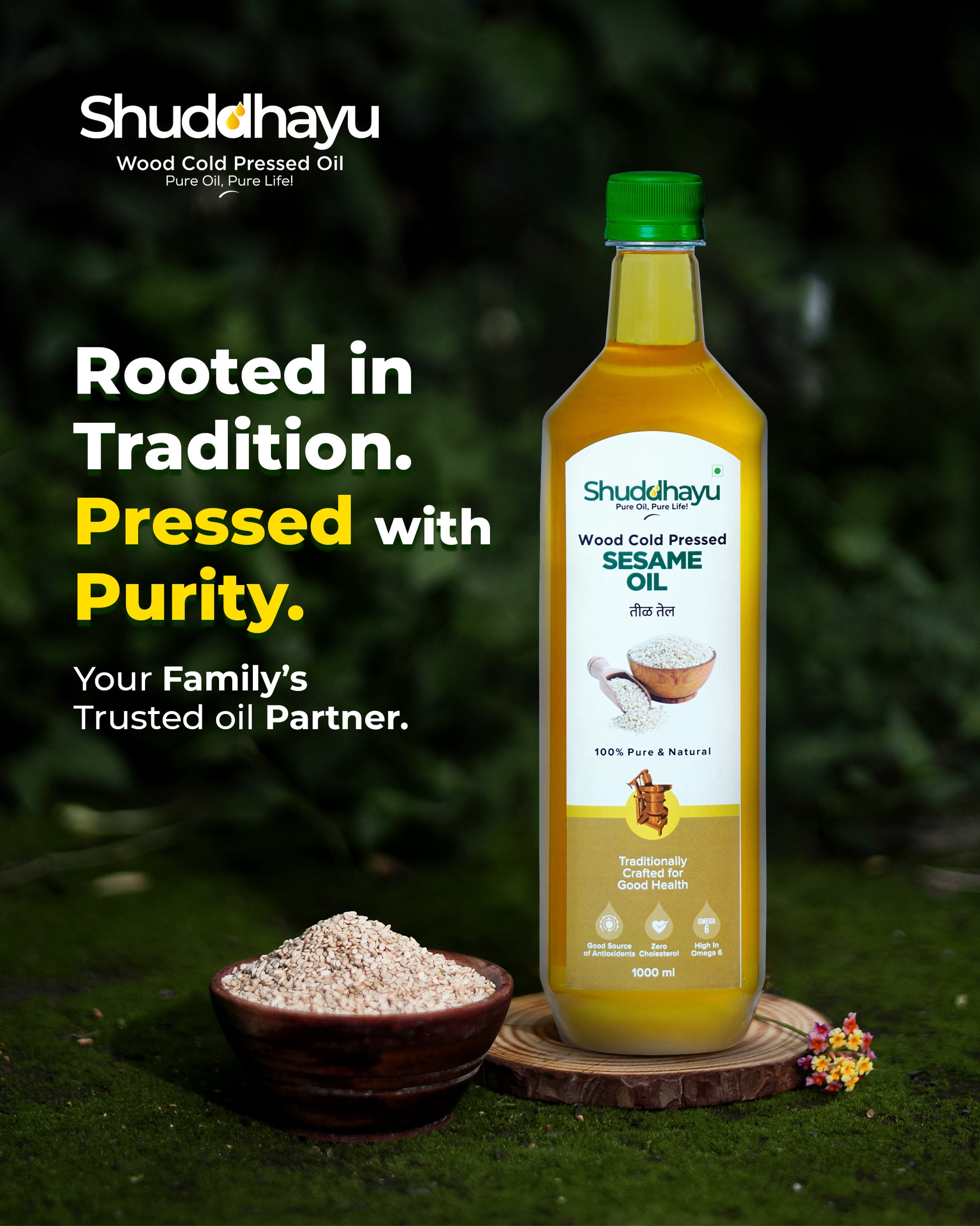 Shuddhayu sesame oil bottle with sesame seeds on a natural background