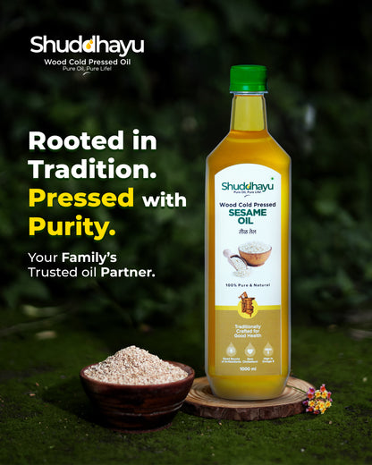 Shuddhayu sesame oil bottle with sesame seeds on a natural background