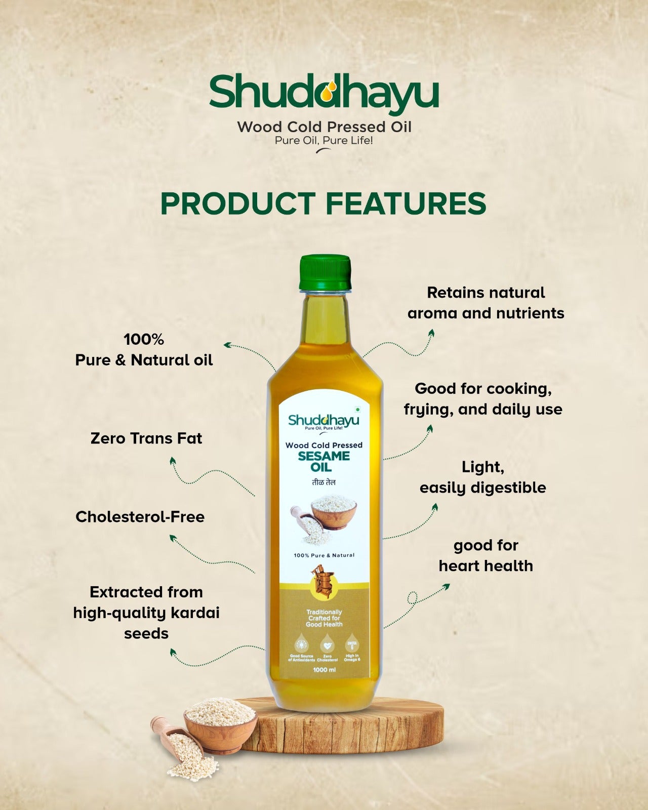 Shuddhayu wood cold pressed oil bottle with product features on a beige background