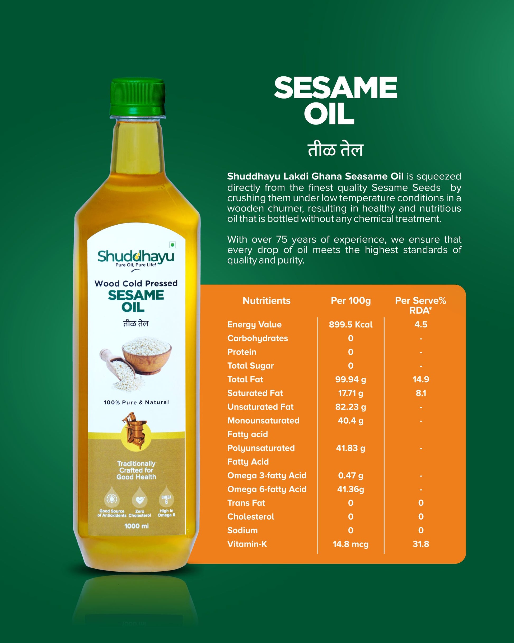 Shuddhayu Sesame Oil bottle with nutritional information on a green background