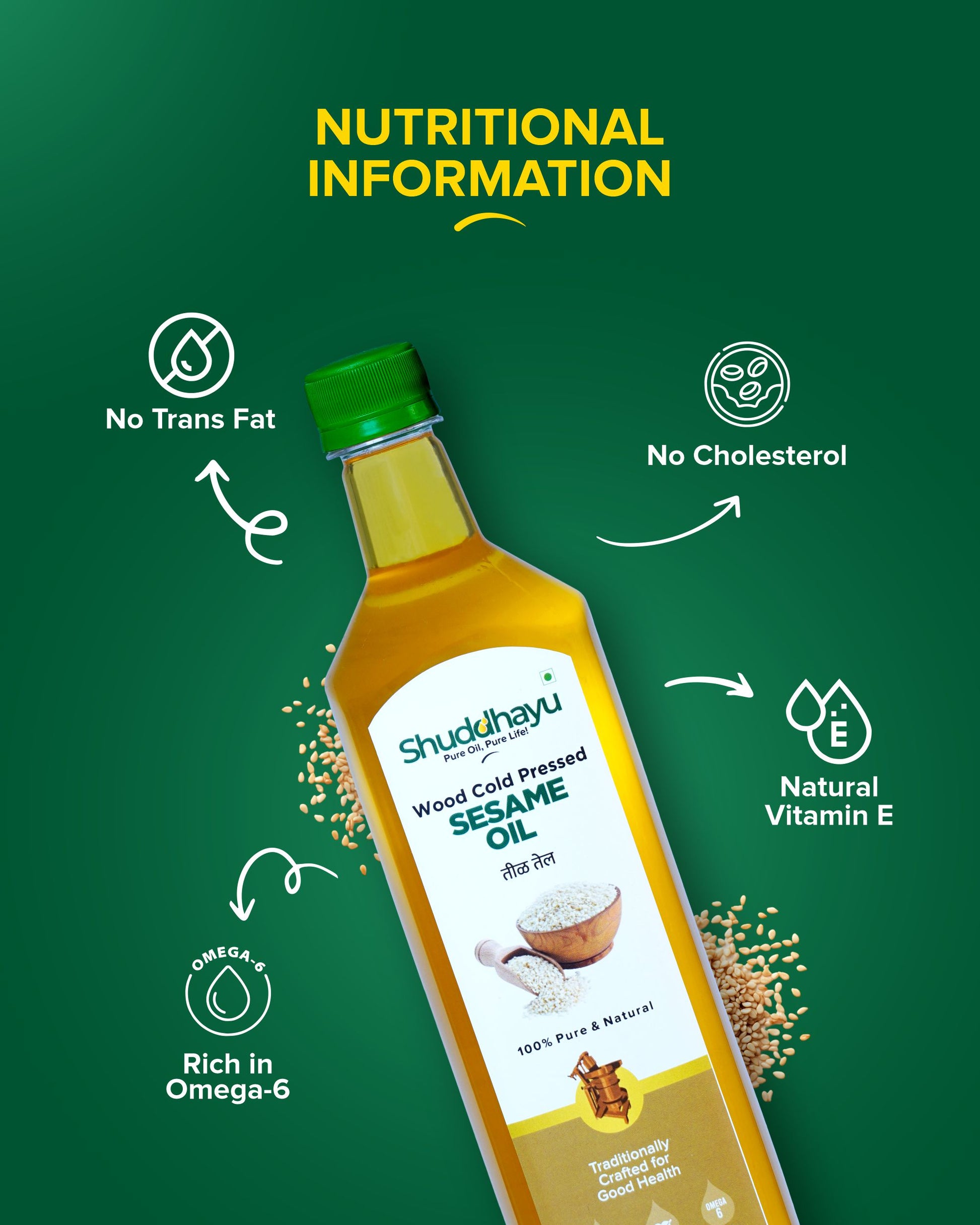 Shudhahyu wood cold pressed sesame oil bottle with nutritional information on a green background